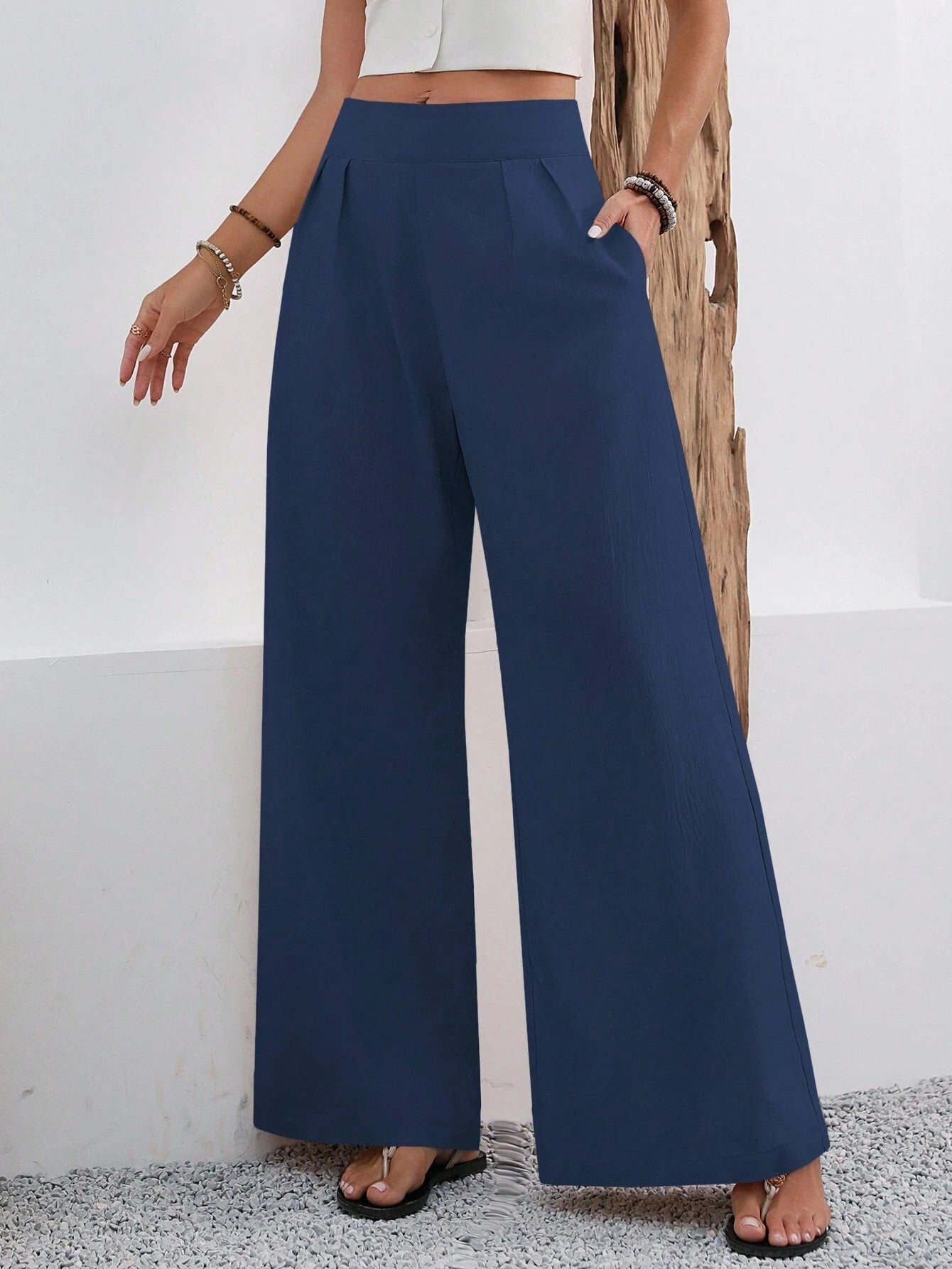 Women's High-Waist Wide-Leg Trousers with Pockets – Full Length