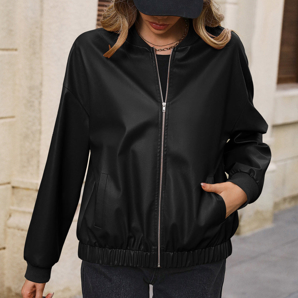 Women's Solid Color European And American Leisure Short Leather Jacket