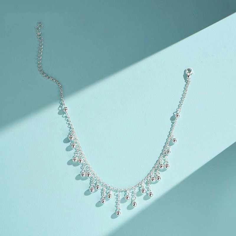 1pcs 999 Sterling Silver Multi Bead Tassel Adjustable Anklet, Elegant Minimalist Style, For Summer Beach Daily Wear & Women Holiday Gifts