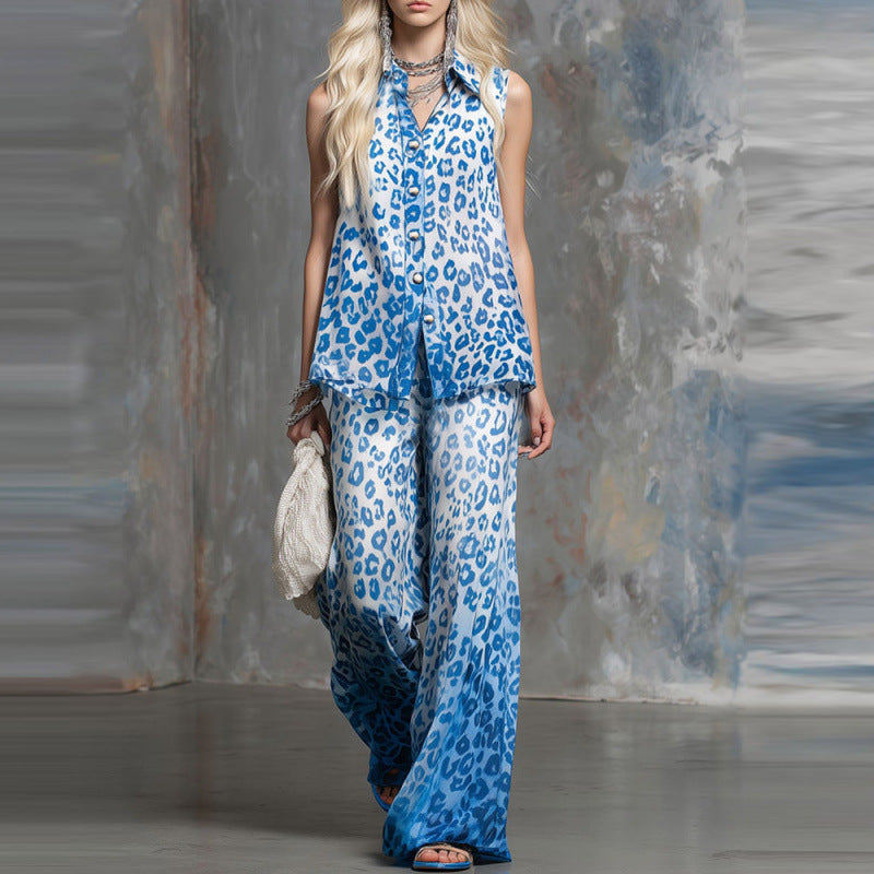 Loose-fit Leopard-print Sleeveless Shirt And Trousers Two-piece Set