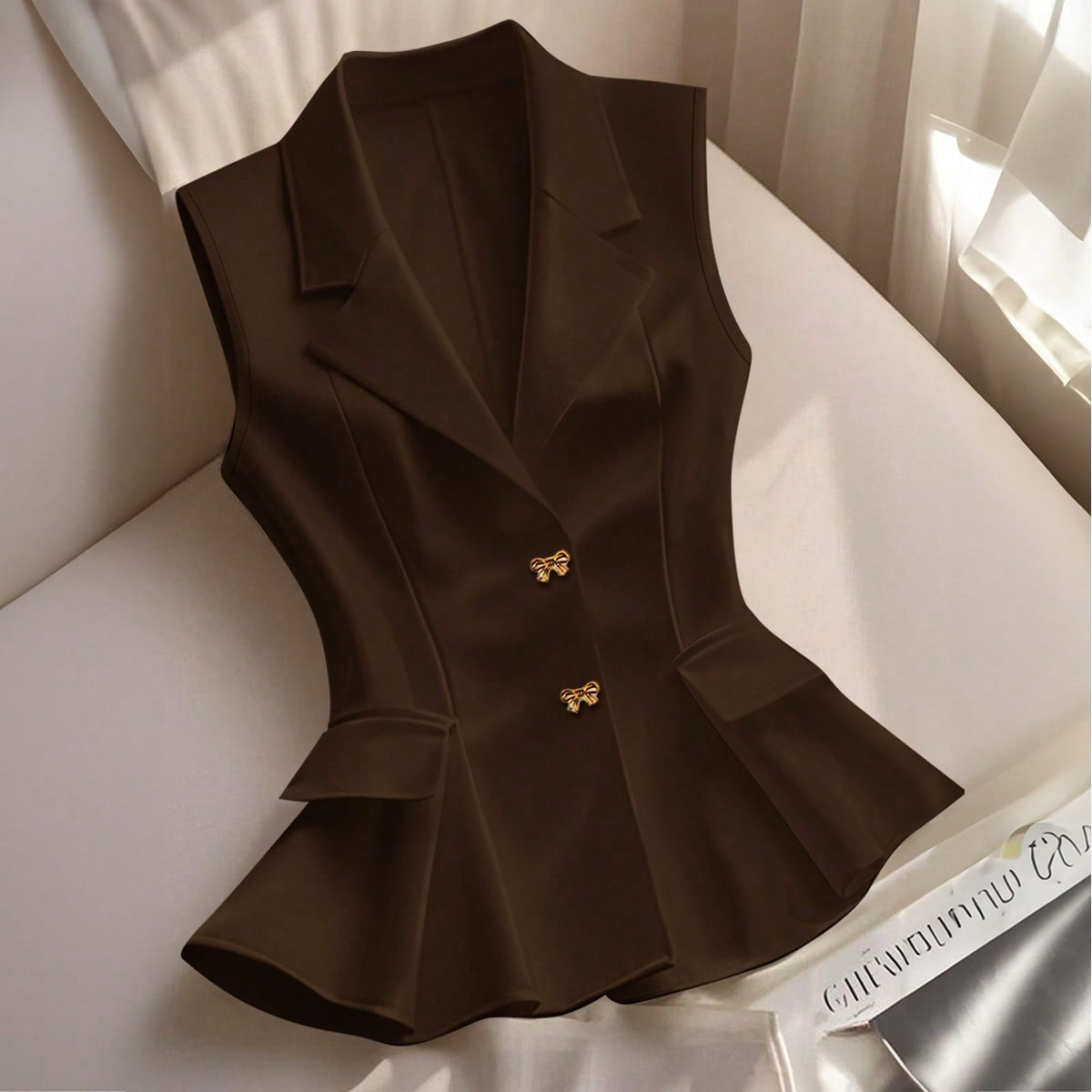 Waist-cinching Ruffled Hem Elegant Commuter Outer Vest
