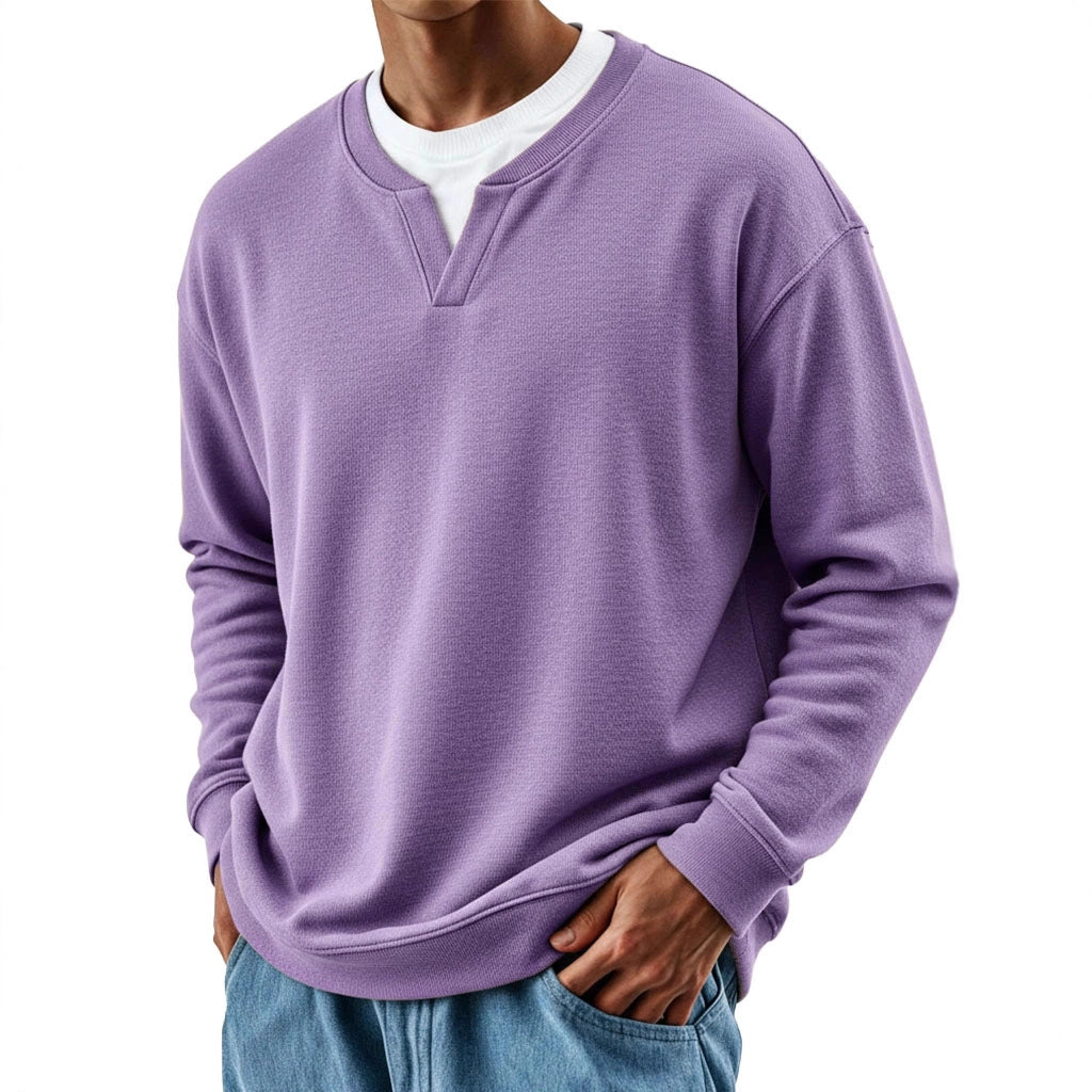 Mens Patchwork Mock Two-Piece Crew-Neck Long-Sleeve Top