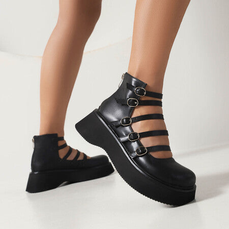 Womens High-top Shoes With A Thick Hollowed-out Leather Belt Buckle