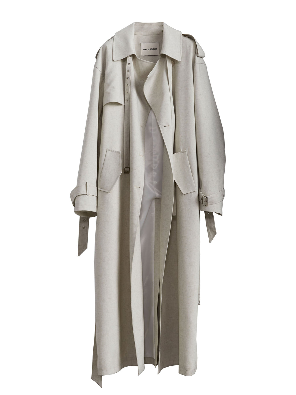 Lime-white Bandage-decorated Unisex Long Trench Coat