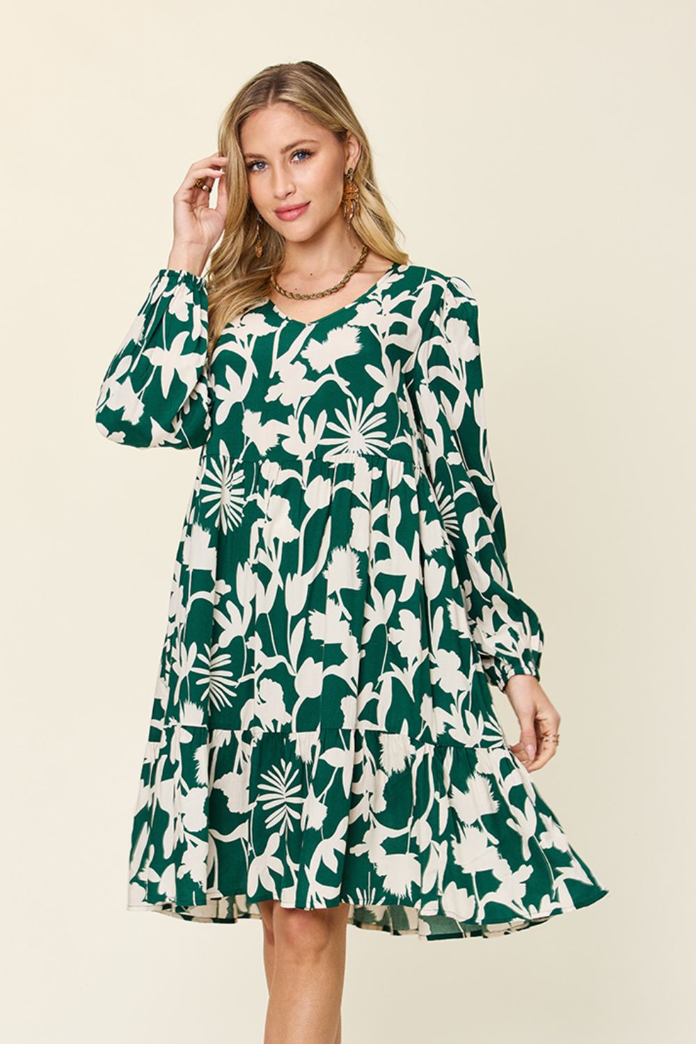 Double Take Full Size Printed Ruffle Hem Dress with Pocket Stylish & Functional Women Dress