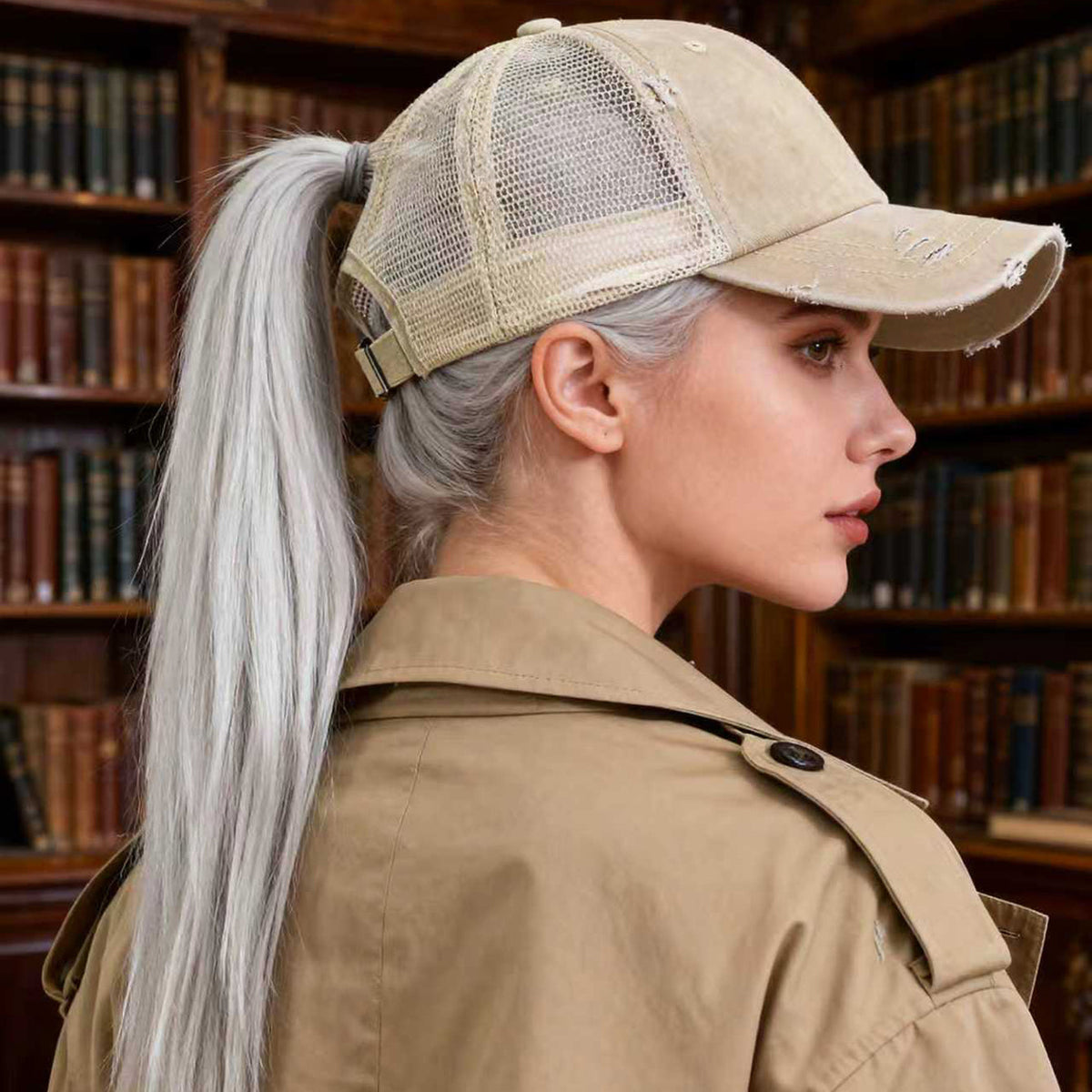 Distressed Washed Mesh Baseball Cap – Rear-Opening Design