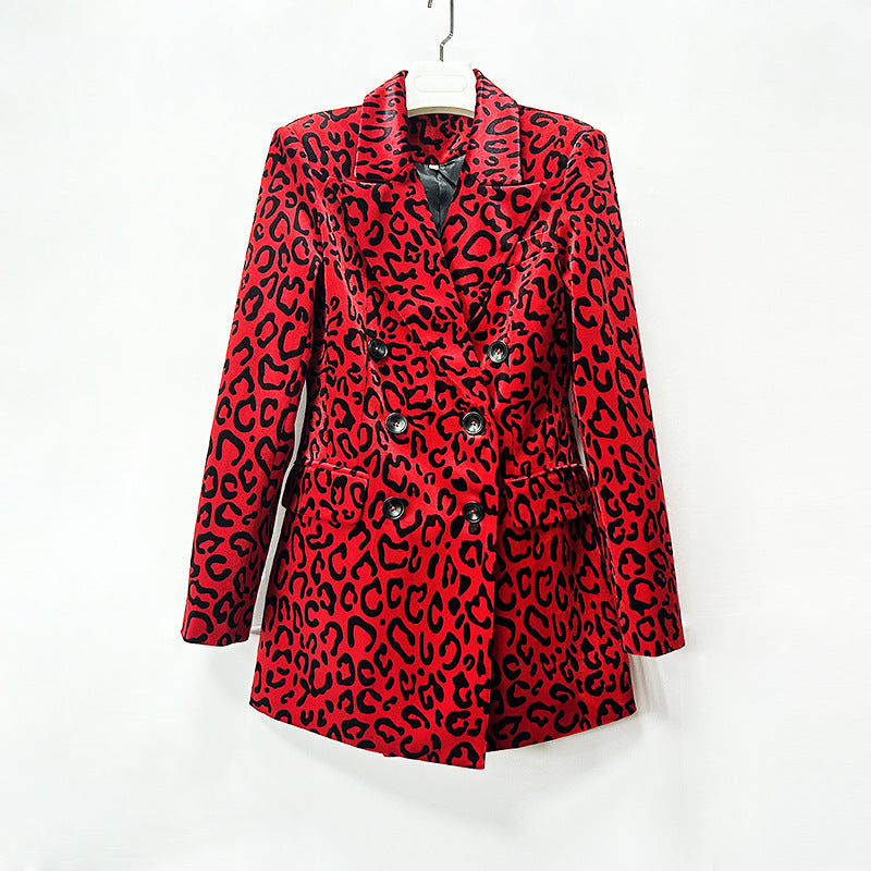Leopard Print Double Breasted Blazer & Midi Pencil Skirt 2-Piece Suit Set