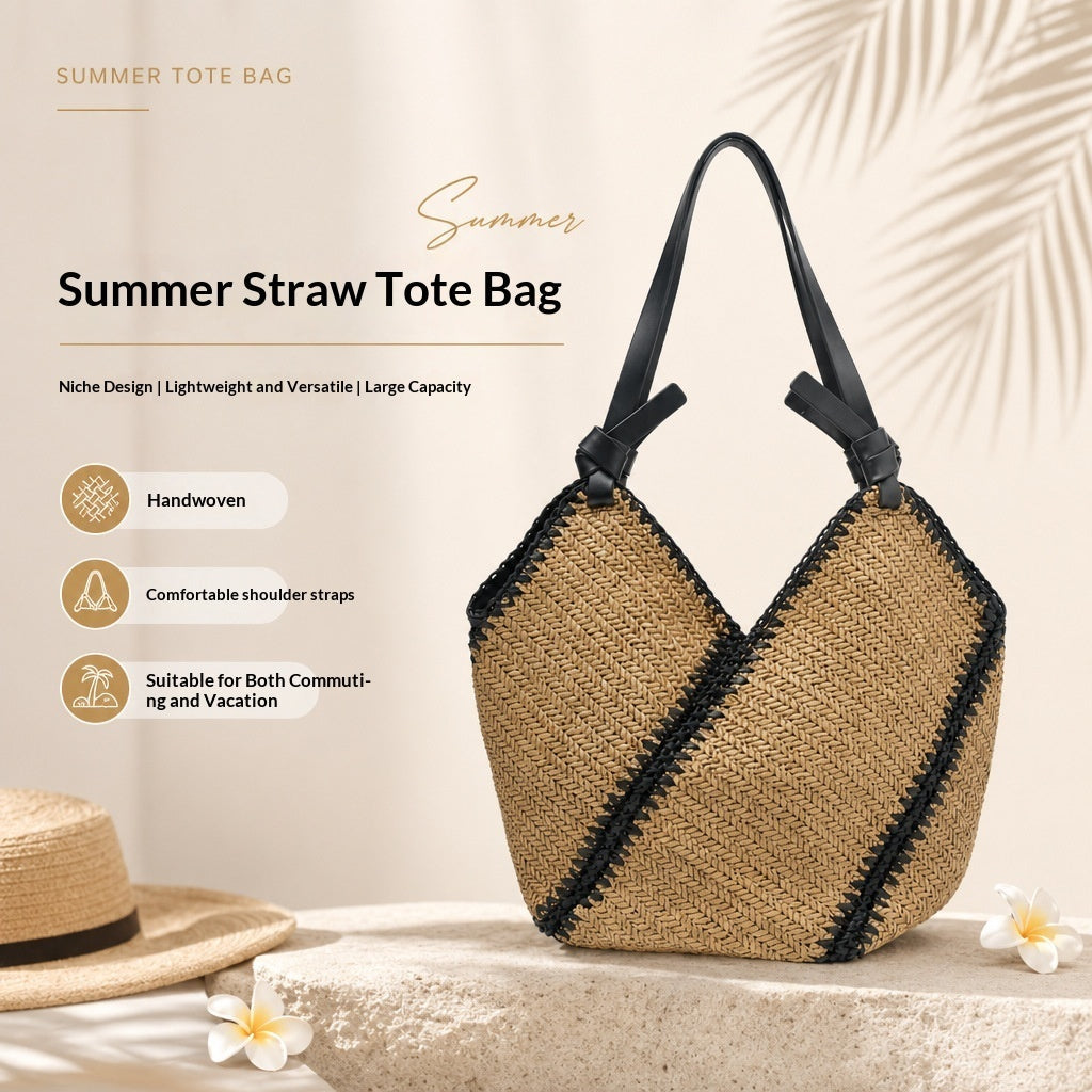 Striped Straw Versatile Handmade Woven Bag Large-capacity Shoulder Tote
