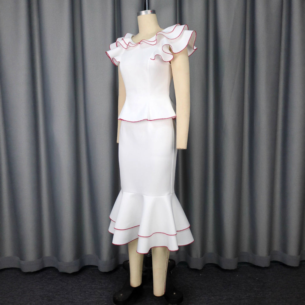 Women's Ruffled Contrast Color Top Temperament Slim Fishtail Skirt Suit
