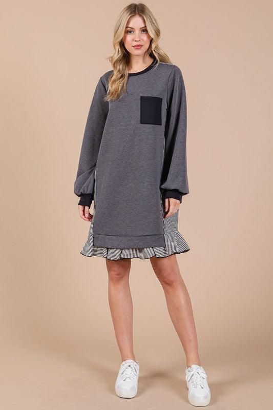 Striped Patchwork Round Neck Terry Sweatshirt Dress For Women – Casual, Trendy, Cozy, Playful, Relaxed Vibe for Everyday Wear