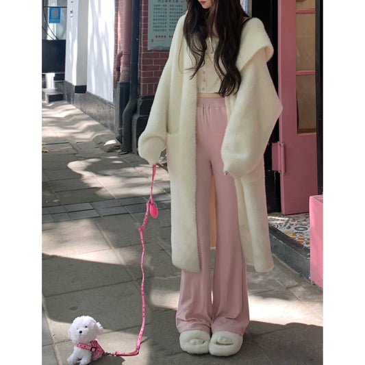 Women's Hooded Fur Cardigan, Thick Knit Handmade Spring Coat