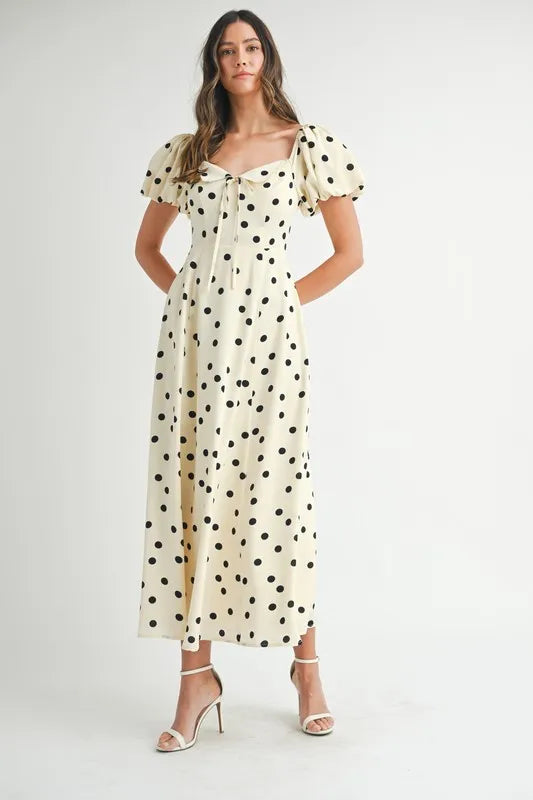Polka Dot Puff Sleeve Midi Dress For Women – Vintage Fluttering Polka Dot Dress, Feminine Puff Sleeve Dress, Retro Midi Dress, Classic Chic Dress