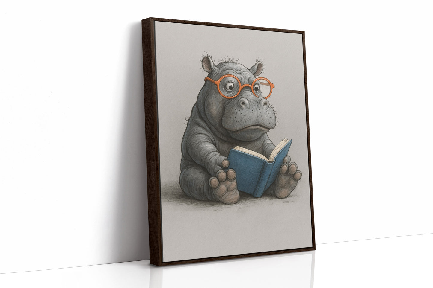 Baby-Nilpferd liest mit Brille