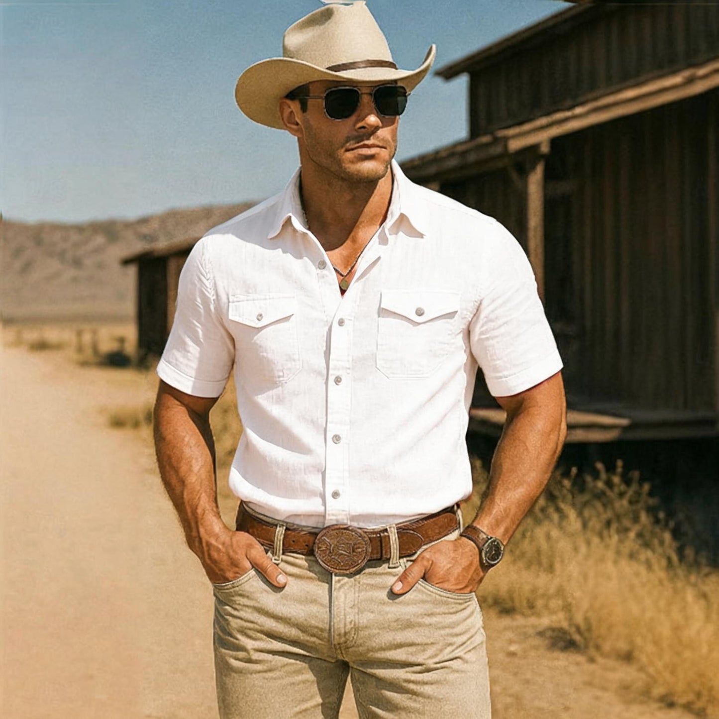 Mens Lapel-Neck Pocket Casual Short-Sleeve Shirt