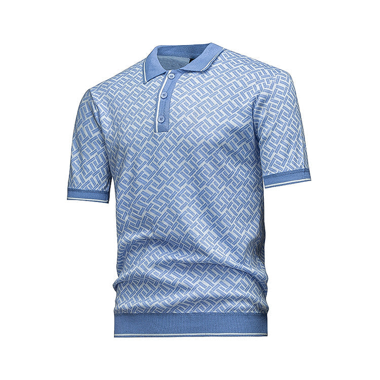Men's Short Sleeve Knit Polo Shirt, Geometric Interwoven Pattern, Smart Casual, Black & Grey