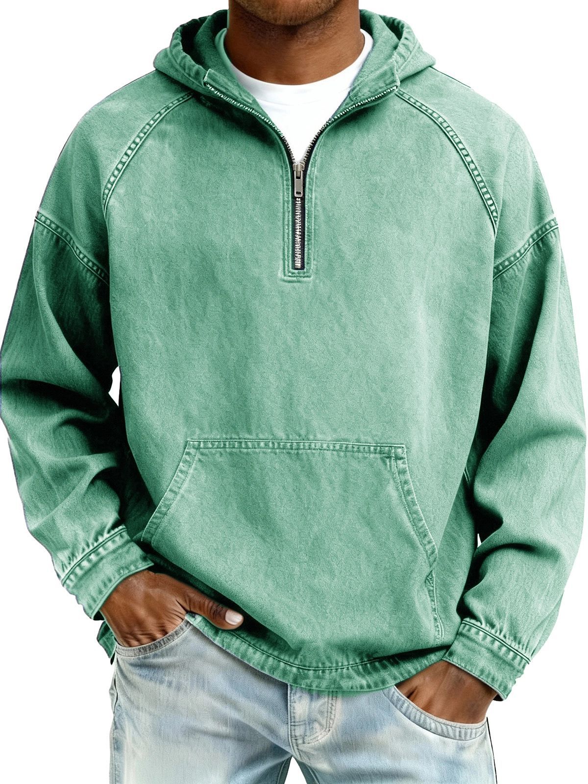 Mens Solid-Color Casual Hooded Zip-Up Sweatshirt