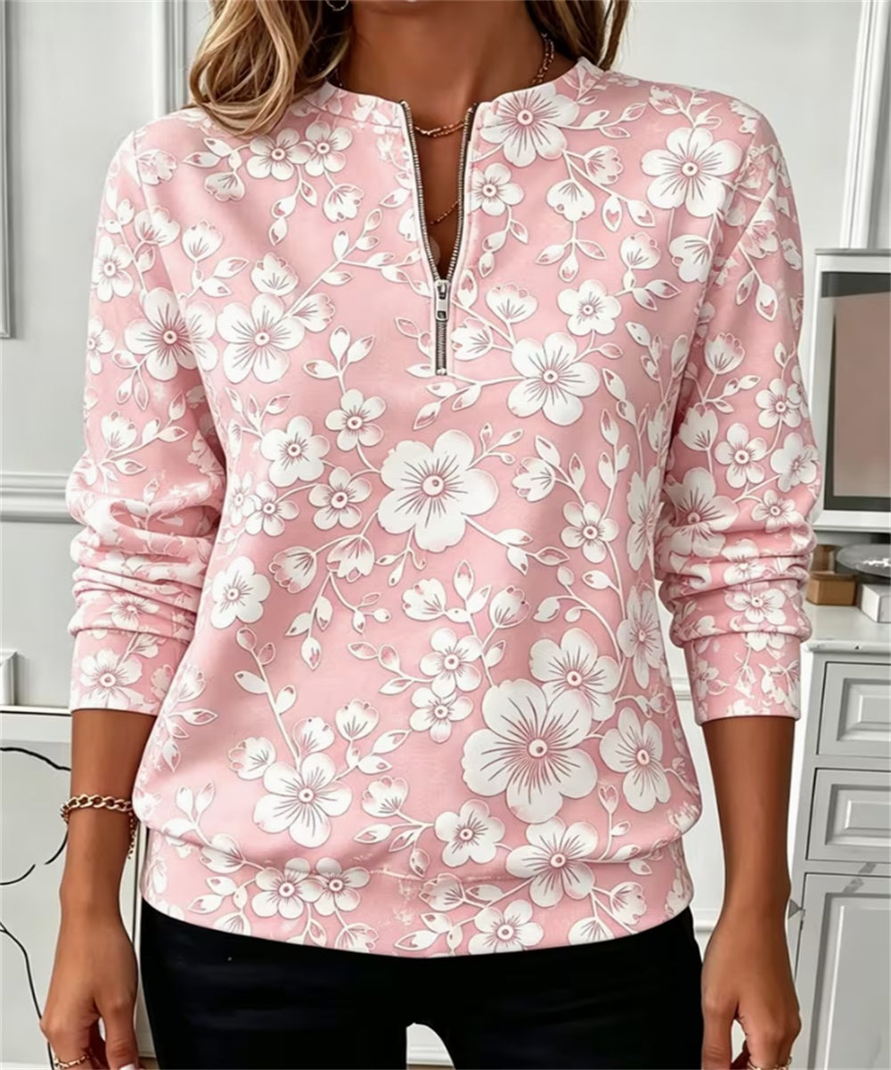 Women Half Zip Long Sleeve Sweatshirt, Gradient Cherry Blossom Floral Print Casual Pullover Top