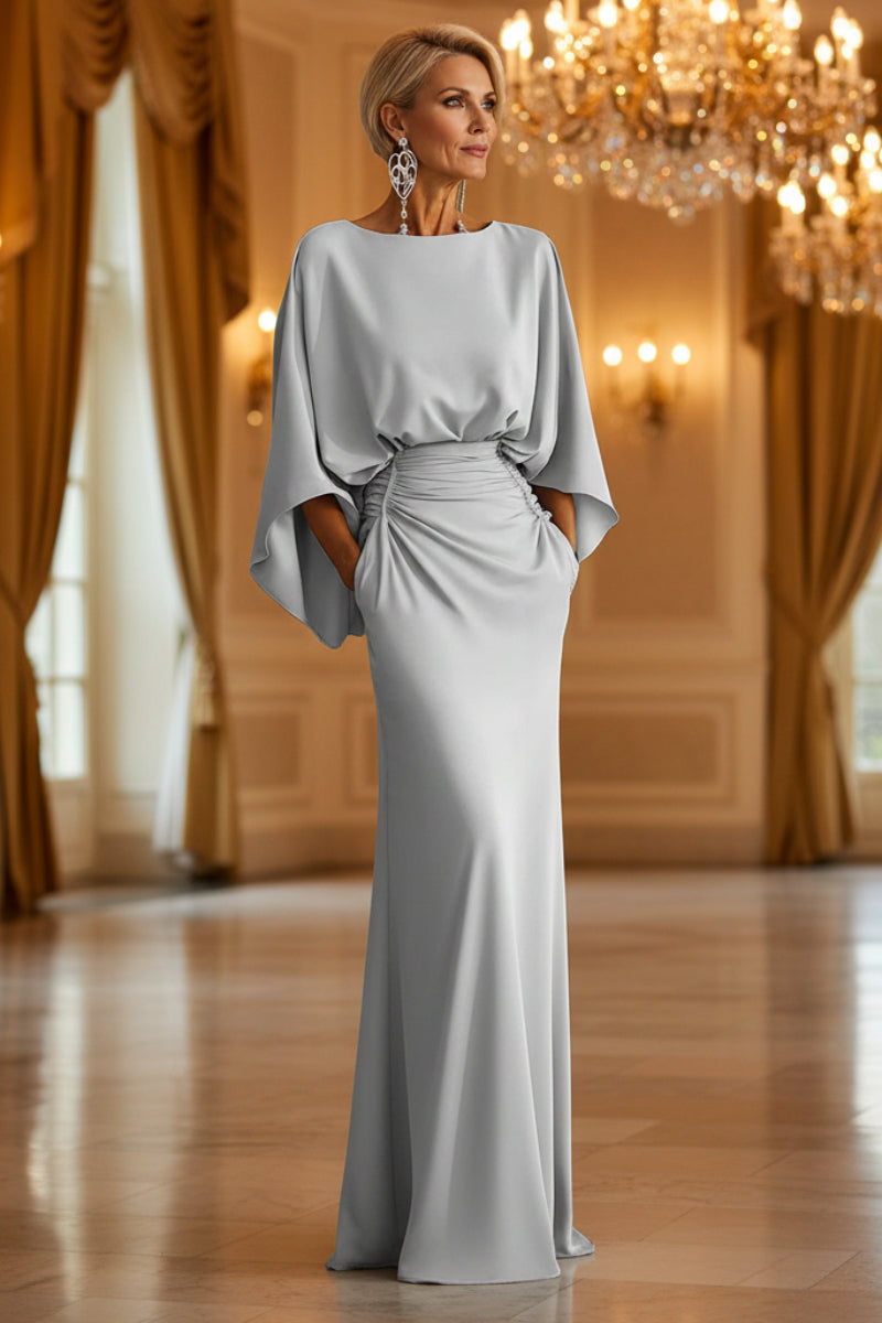 Women's Elegant Backless Pleated Batwing Sleeve Maxi Dress — Silver Mermaid Gown