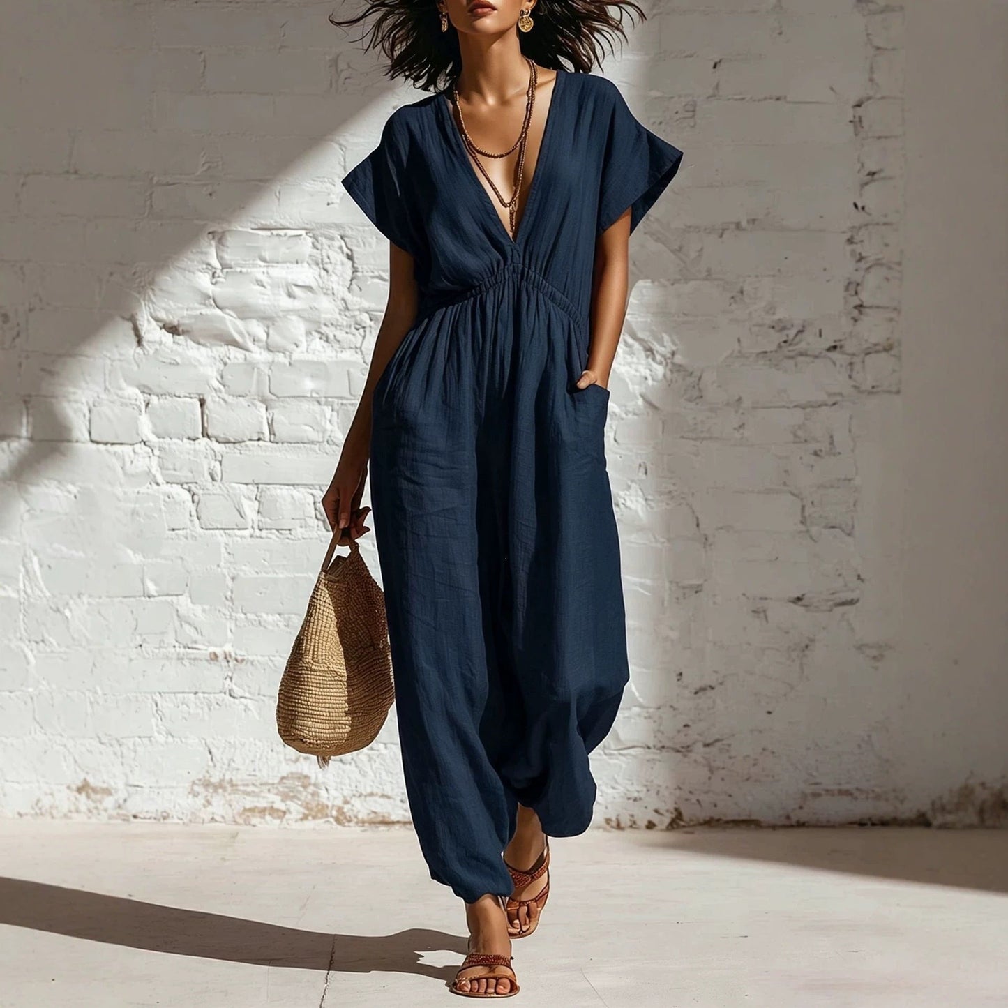 Women's Deep V-Neck Three-Quarter Sleeve High Waist Wide Leg Pants
