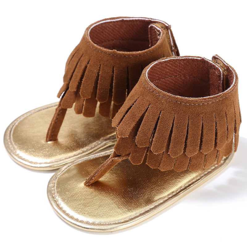 Baby Summer Newborn 0-18M Infant Baby Girls Children's Sandals Summer New Retro Tassel Flannel Baby  Shoes Solid Non-slip