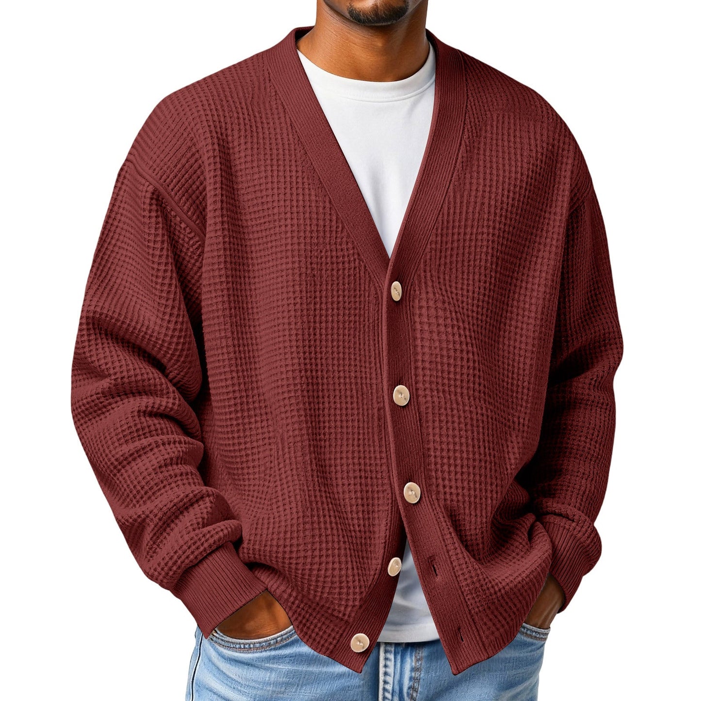 Mens Casual Loose-fit Long-sleeve Knitted Cardigan