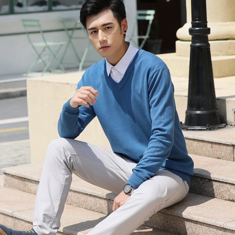 Mens Loose-Fit V-Neck Sweater Thick And Warm Knitted Top