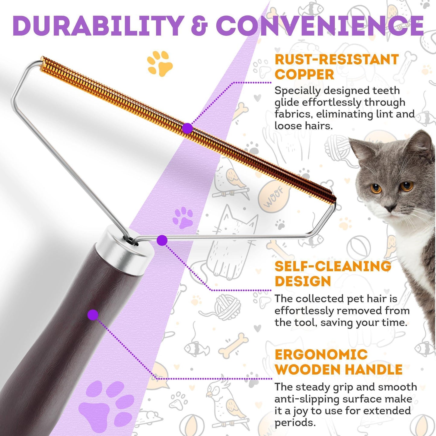 Pet Hair Remover Tool for Furniture Reusable Copper Teeth Wooden Handle