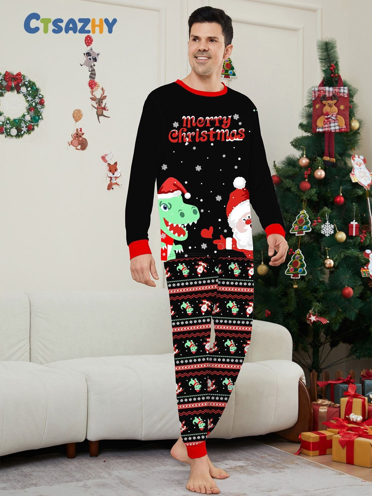 Cartoon Dinosaur Printed Black Pajamas Parent-child Suit