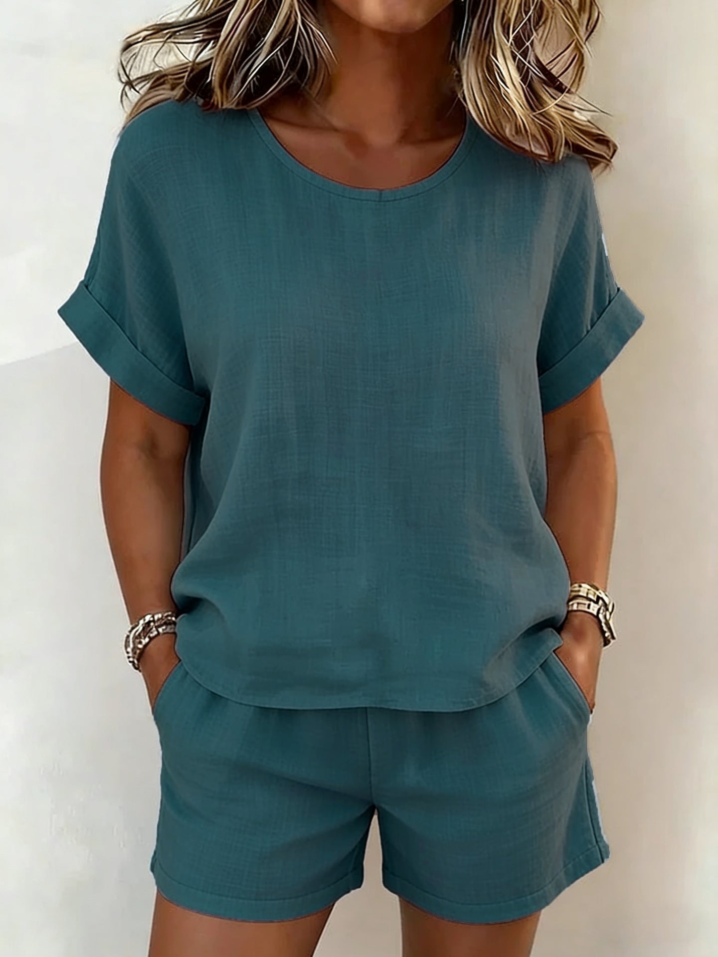 Solid-Color T-Shirt & Shorts Set – Cotton Linen, 10 Colors