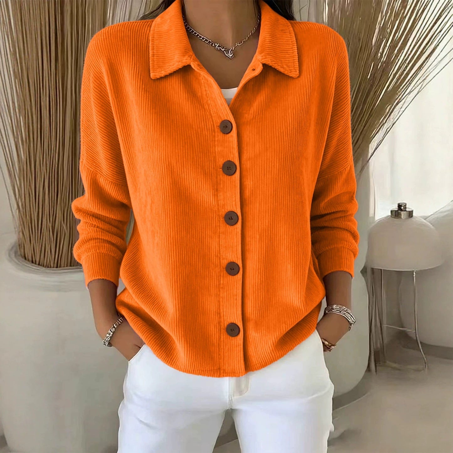 Womens Solid-Color Long-Sleeve Cardigan Polo Shirt