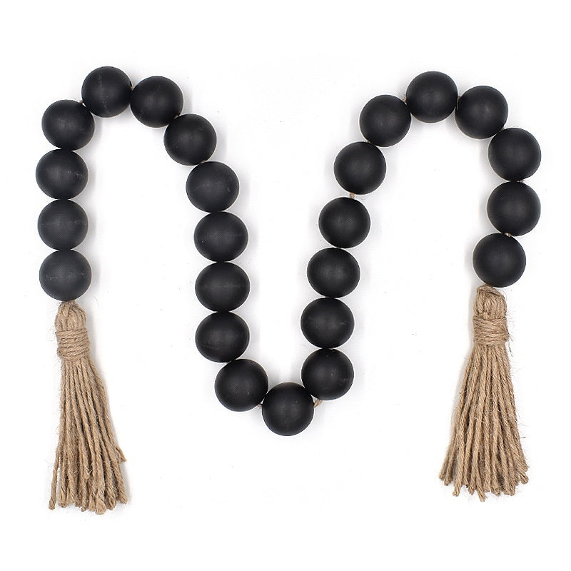 18-bead Large-size Bead Necklace With Hemp Rope Tassels And Wooden Beads