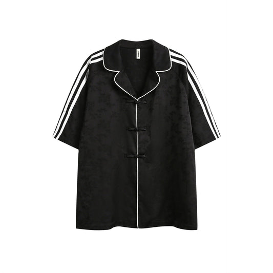 Striped Black Short Sleeve Turn-down Collar Shirt