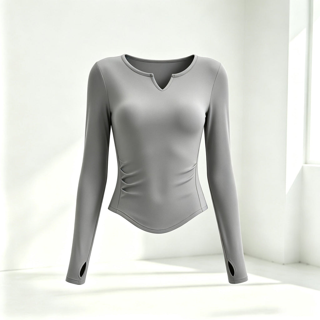 Small V-neck Pleated-waist Long-sleeve Womens Top