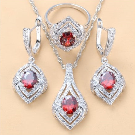 Gem-inlaid Pendant Earrings Necklace Ring Ladies Three-piece Set
