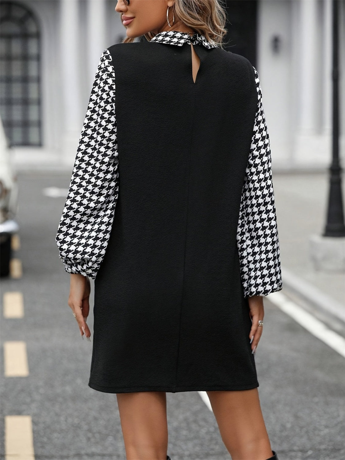 Timeless Black Collared Neck Long Sleeve Mini Dress Vintage Design Classic Women Dress