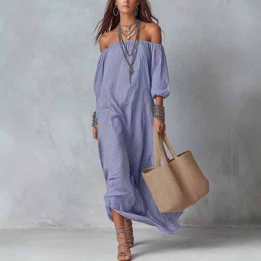 Women's Striped Loose-Fit Flared Maxi Dress – Holiday & Vacation