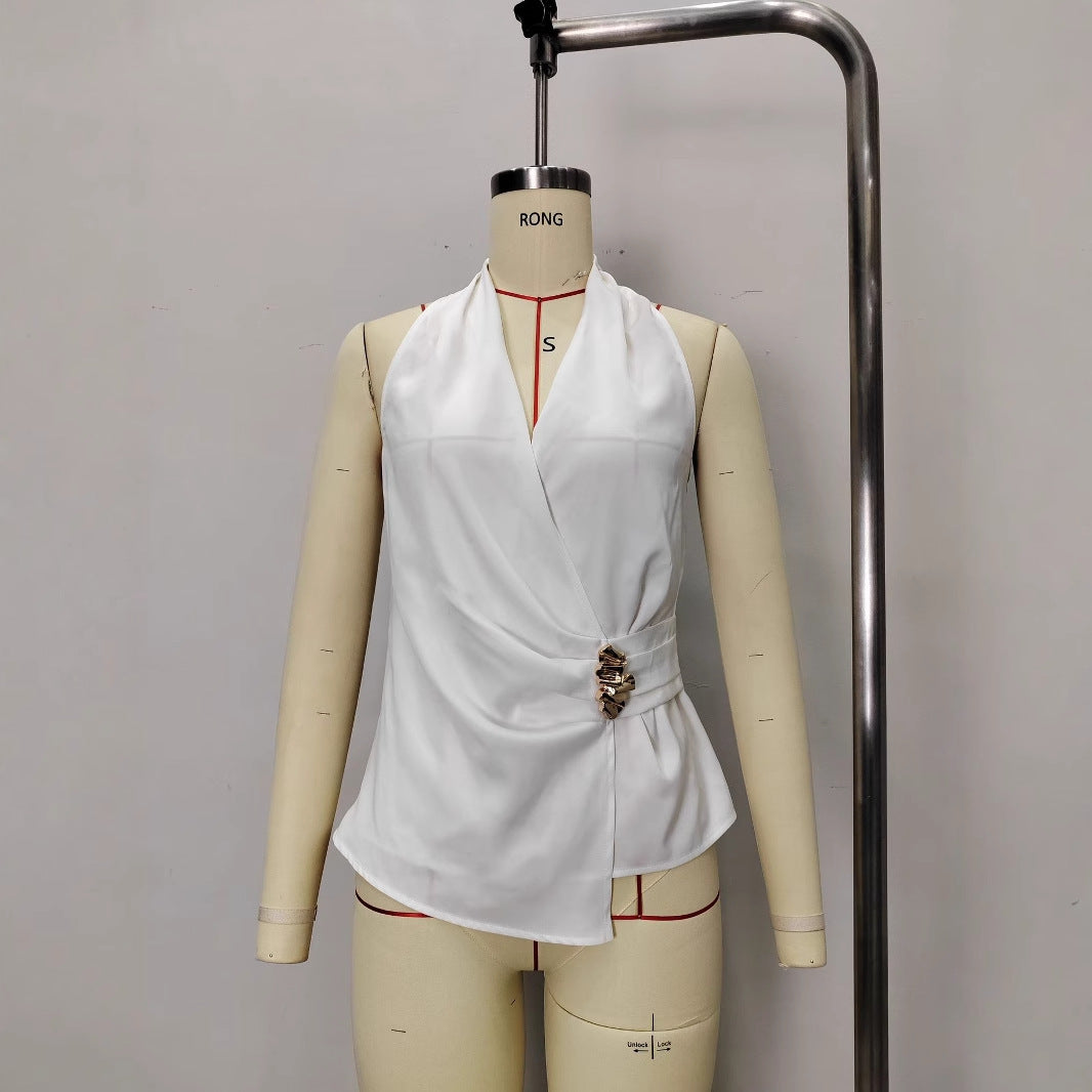 French-style Satin V-neck Slim-fit Sleeveless Blouse With Tie Detailing