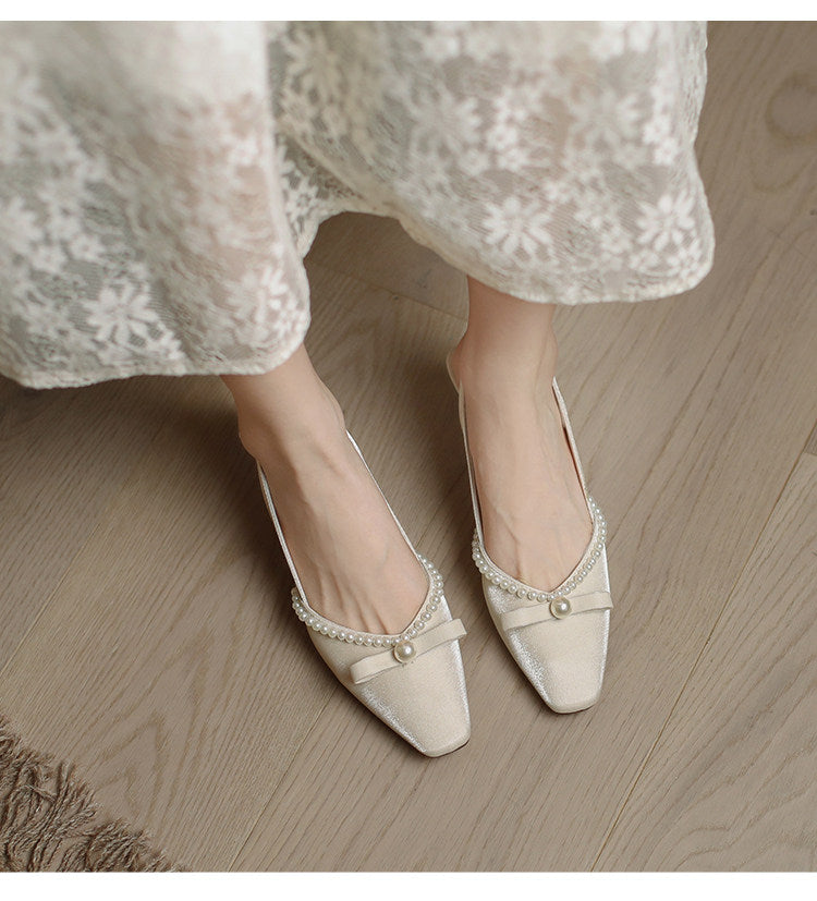 Women Block Heel Closed Toe Sandals, 2026 Summer New Fashion Square Toe Back Strap Pearl Fairy Style High Heel Pumps