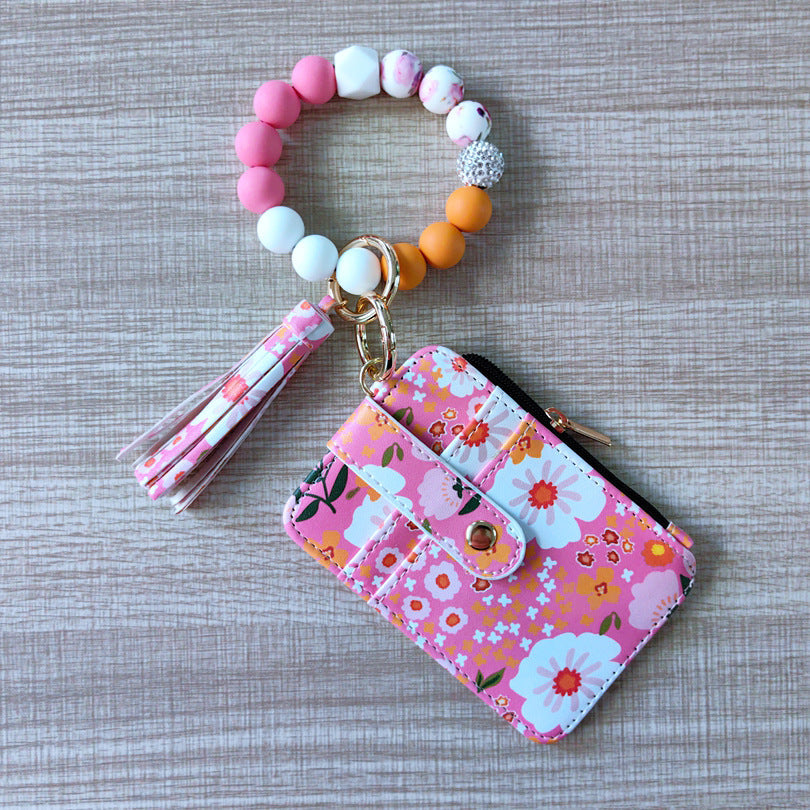 Womens Silicone Bead Bracelet Keychain Cardholder