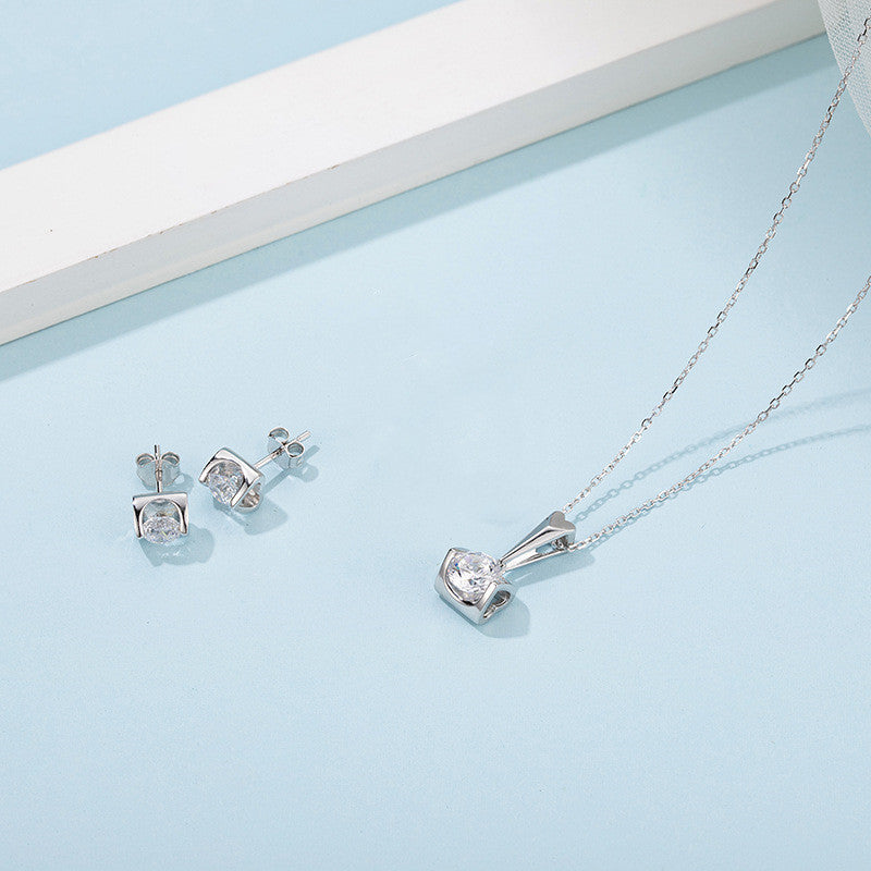 S925 Sterling Silver Inlaid Moissanite Stud Necklace Two Piece Set