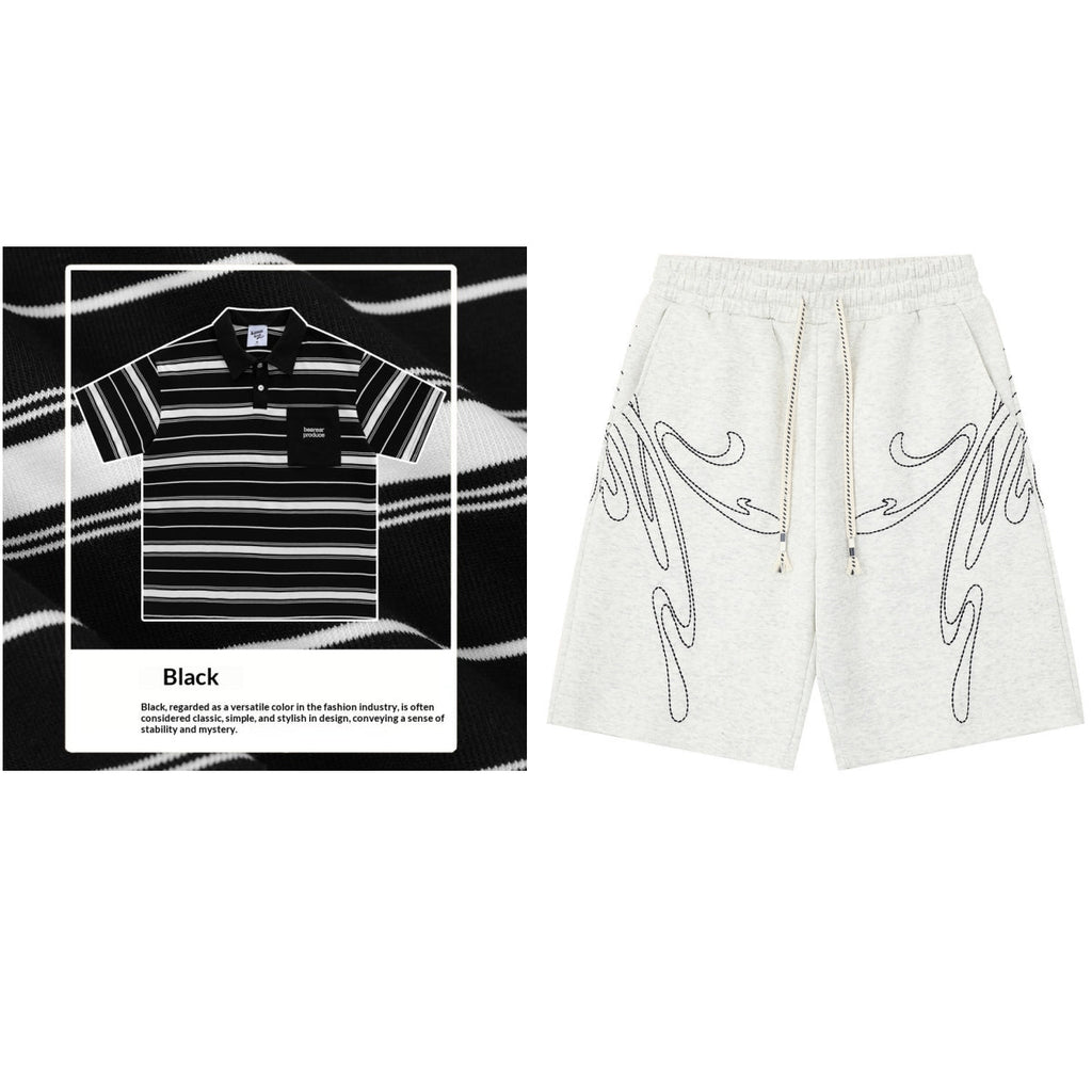 Loose-fitting Polo Shirt With A Lapel Collar Short-sleeved Striped T-shirt
