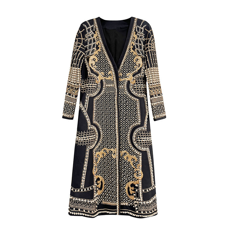Womens Long Suit-Style Trench Coat With Floral Print And Beading