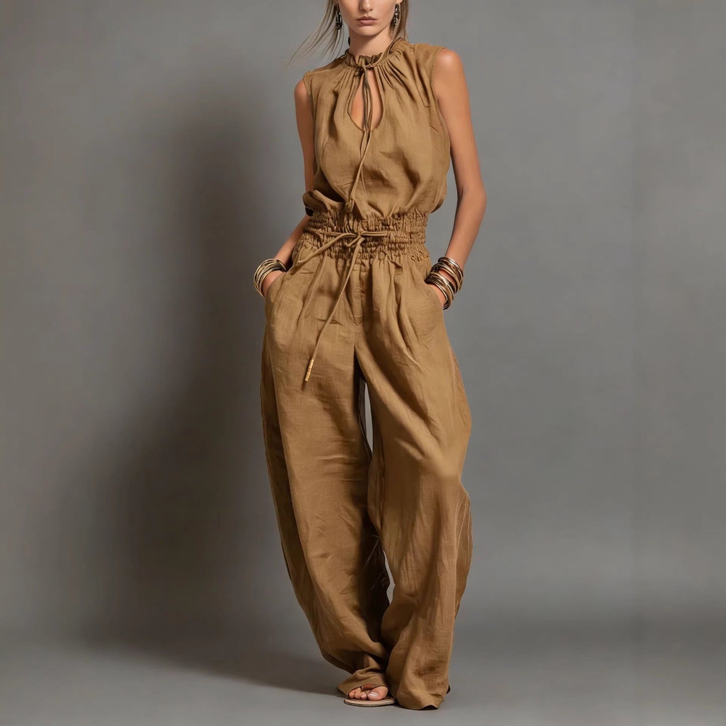 Women's Sleeveless High-Waist Wide-Leg Pleated Jumpsuit