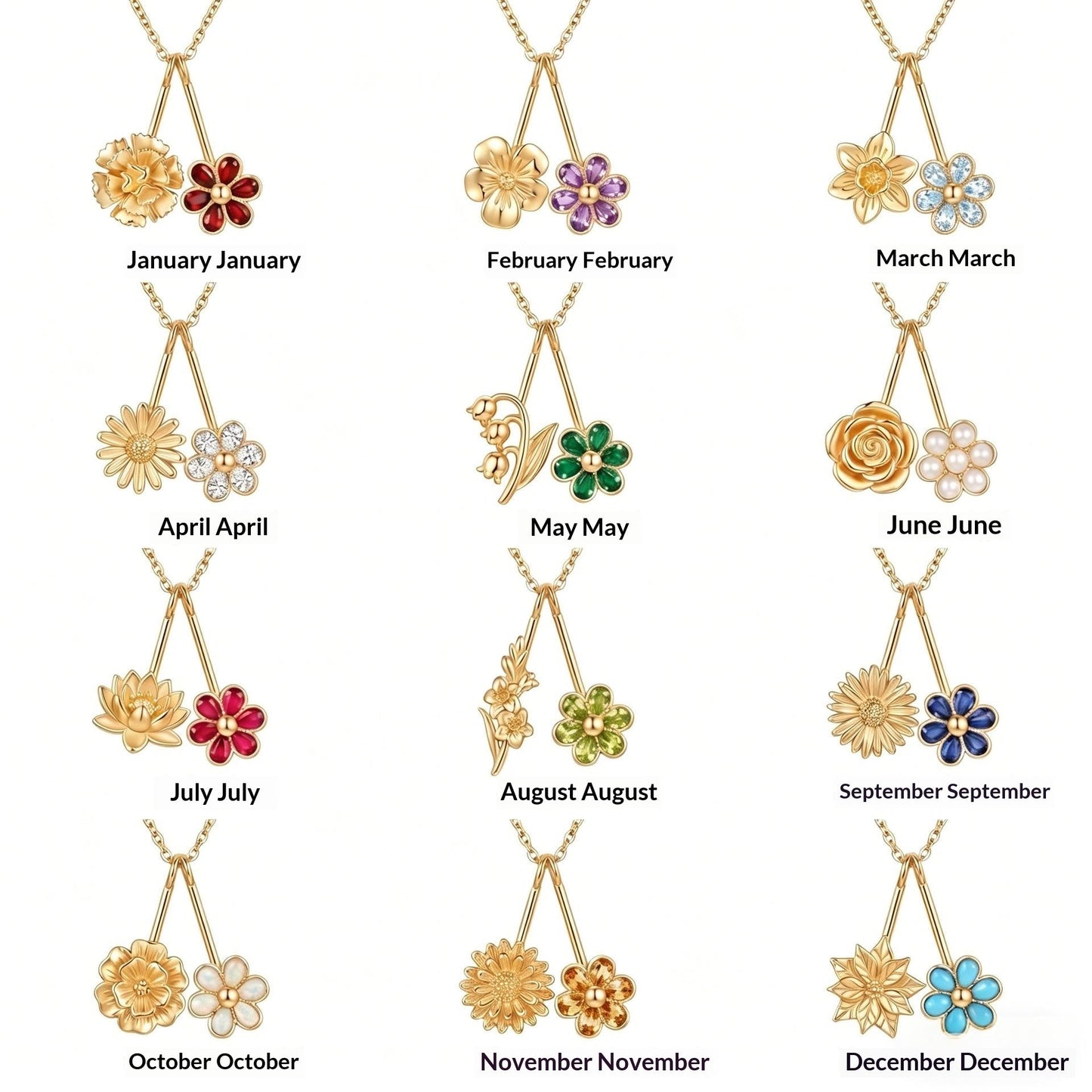 December Flower Pendant Birthstone Necklace