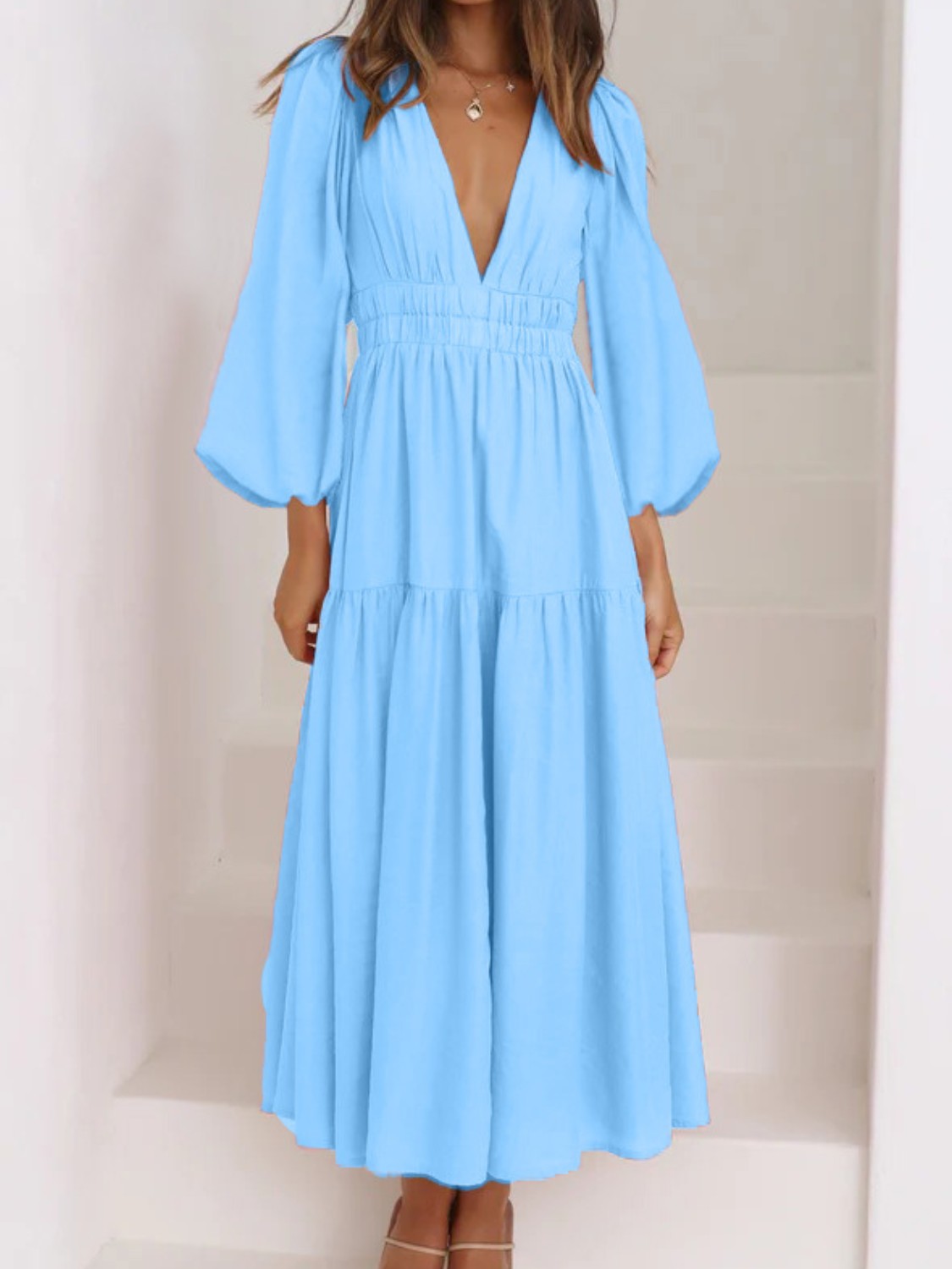 Lightweight Deep V-Neck Balloon Sleeve Maxi Dress Elegant & Flowing Silhouette Unique Dress