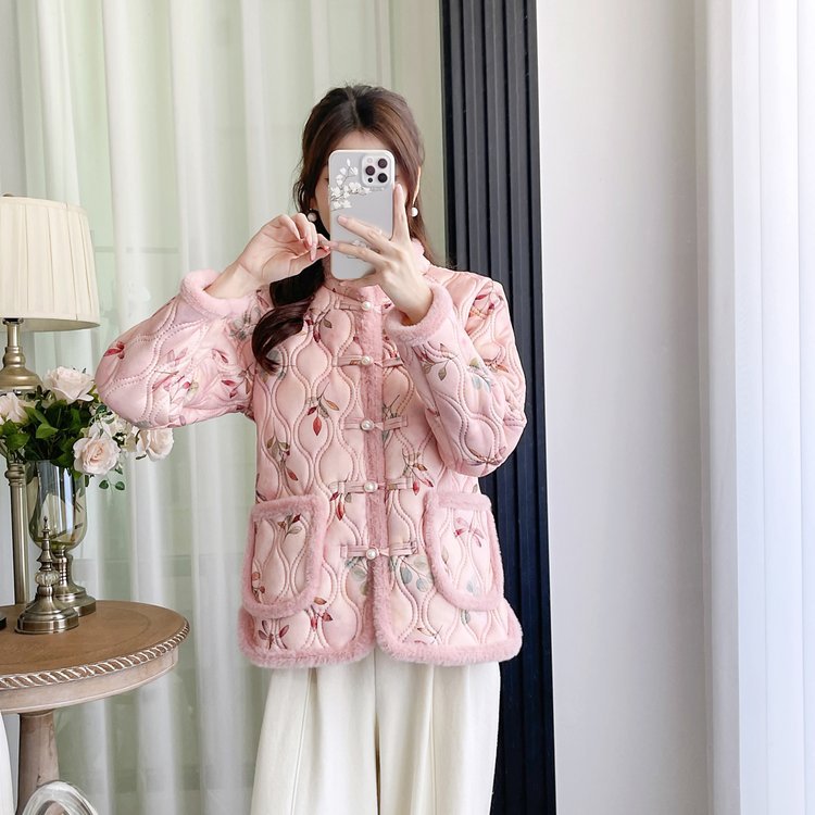 Womens Retro Frog-Button Floral Velvet-Lined Warm Cotton Padded Coat