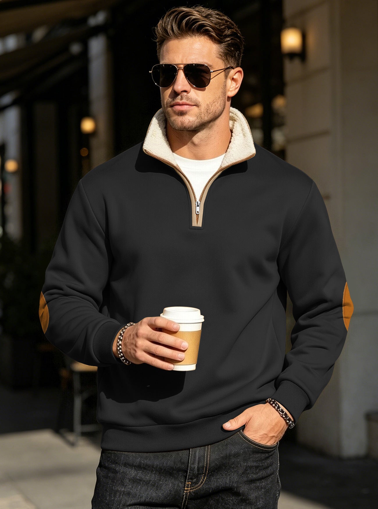 Retro Patchwork Embroidered Half-Placket Mens Long-Sleeve Sweatshirt