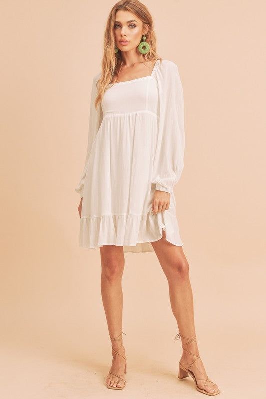 Ruffled Hem Square Neck Balloon Sleeve Mini Dress – Trendy, Feminine & Fashion-Forward Dress for Stylish Occasions