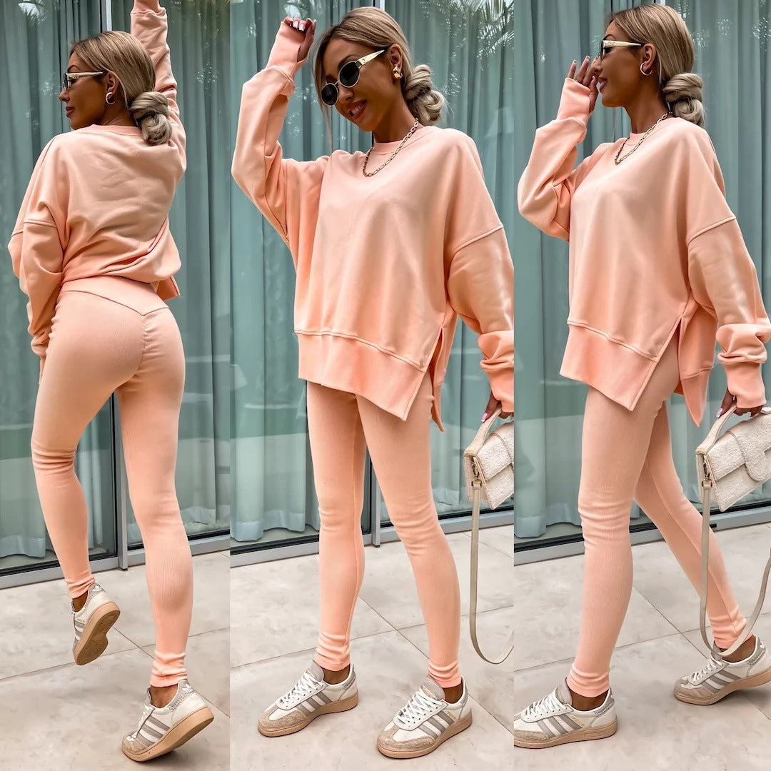 Women’s Casual Sweater Suit – Loose Split Top & Fitted Trousers Set