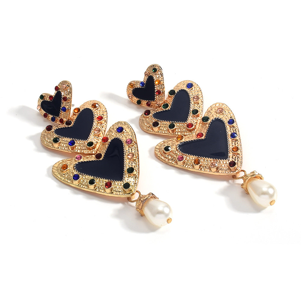 Vintage French Court Style Rhinestone Heart Three Layer Pearl Drop Earrings Exaggerated Dangle Jewelry